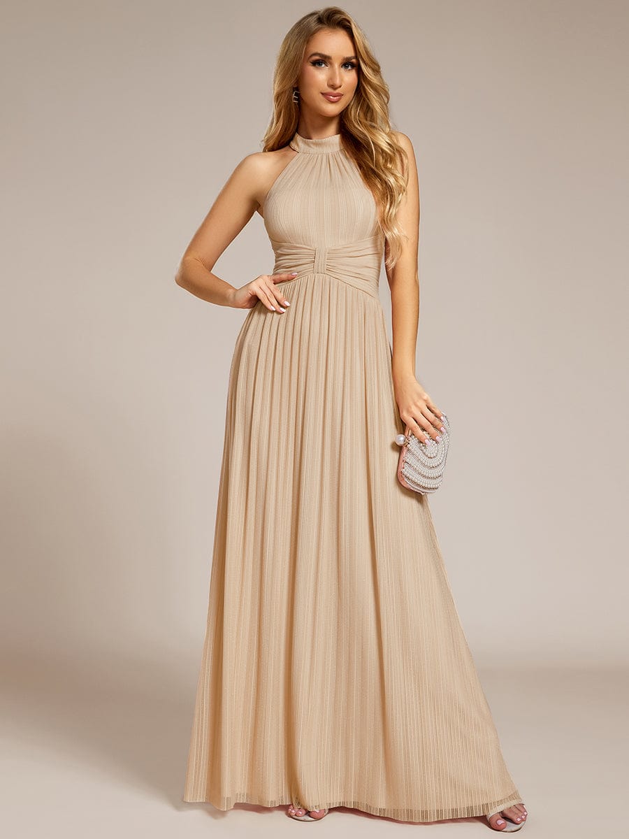 Halter Neck Pleated Glittery Formal Evening Dress with Empire Waist #color_Champagne