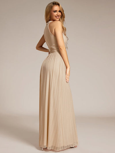 Halter Neck Pleated Glittery Formal Evening Dress with Empire Waist #color_Champagne