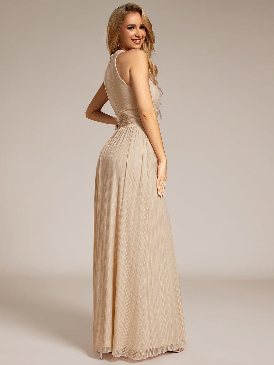 Halter Neck Pleated Glittery Formal Evening Dress with Empire Waist #color_Champagne