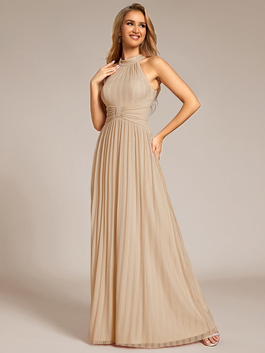 Halter Neck Pleated Glittery Formal Evening Dress with Empire Waist #color_Champagne