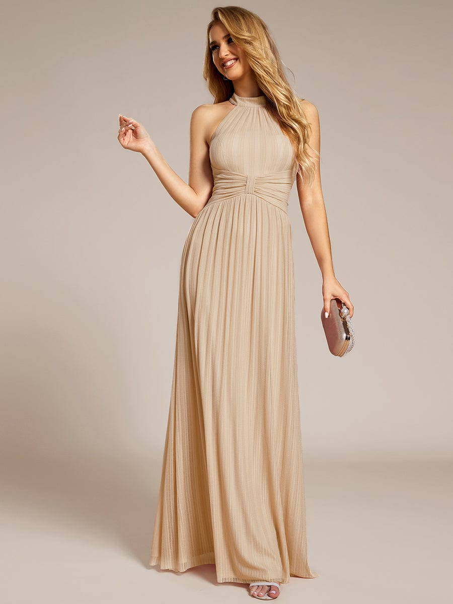 Halter Neck Pleated Glittery Formal Evening Dress with Empire Waist #color_Champagne