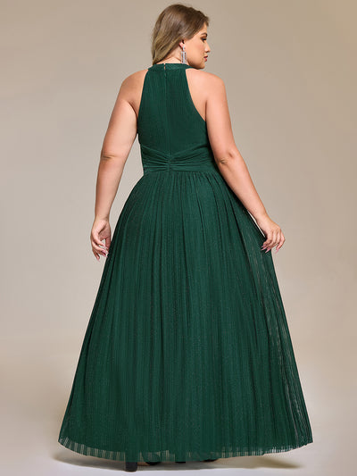 Plus Size Glittery Halter Neck Pleated Formal Evening Dress #color_Dark Green
