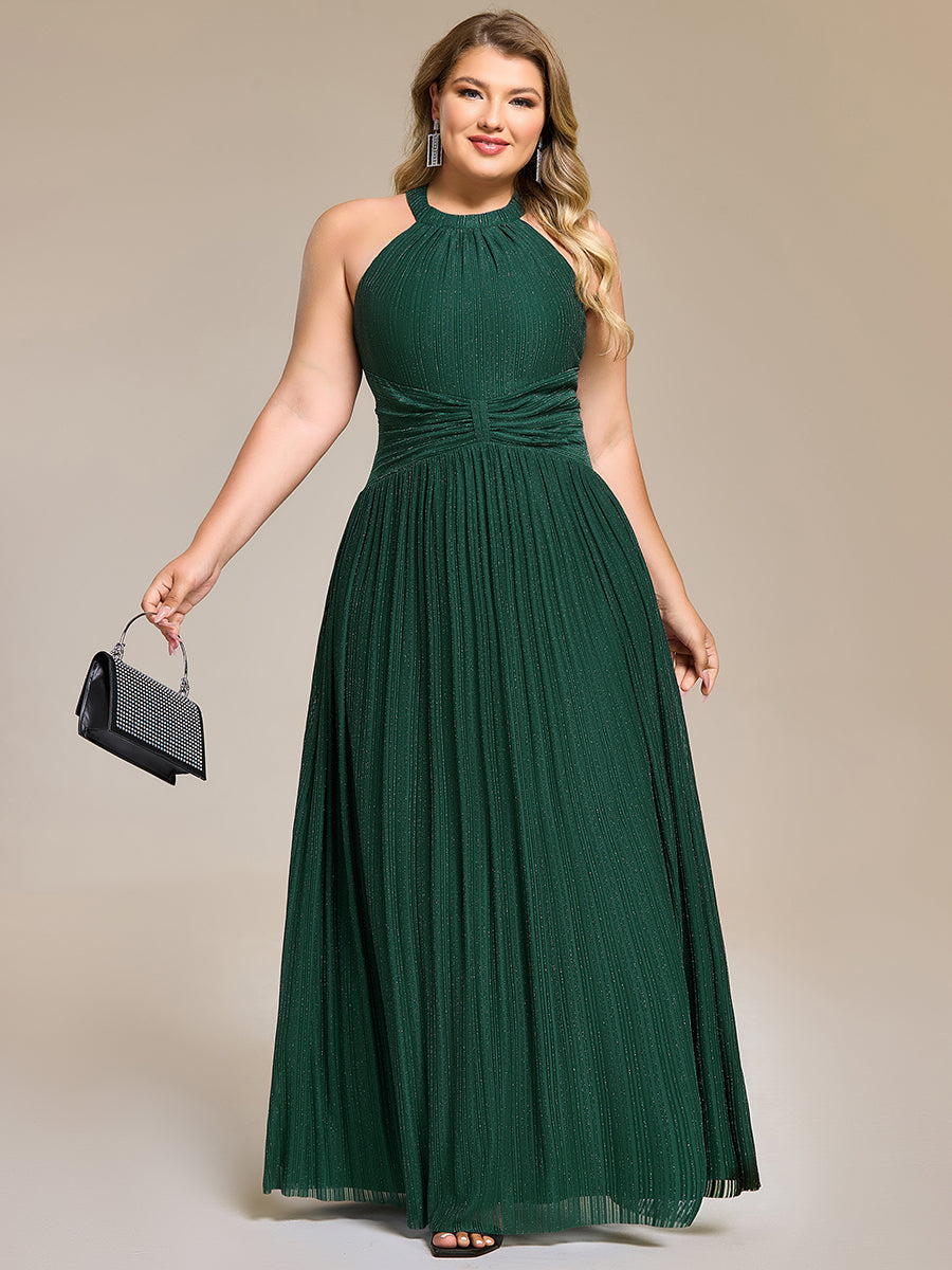 Plus Size Glittery Halter Neck Pleated Formal Evening Dress #color_Dark Green