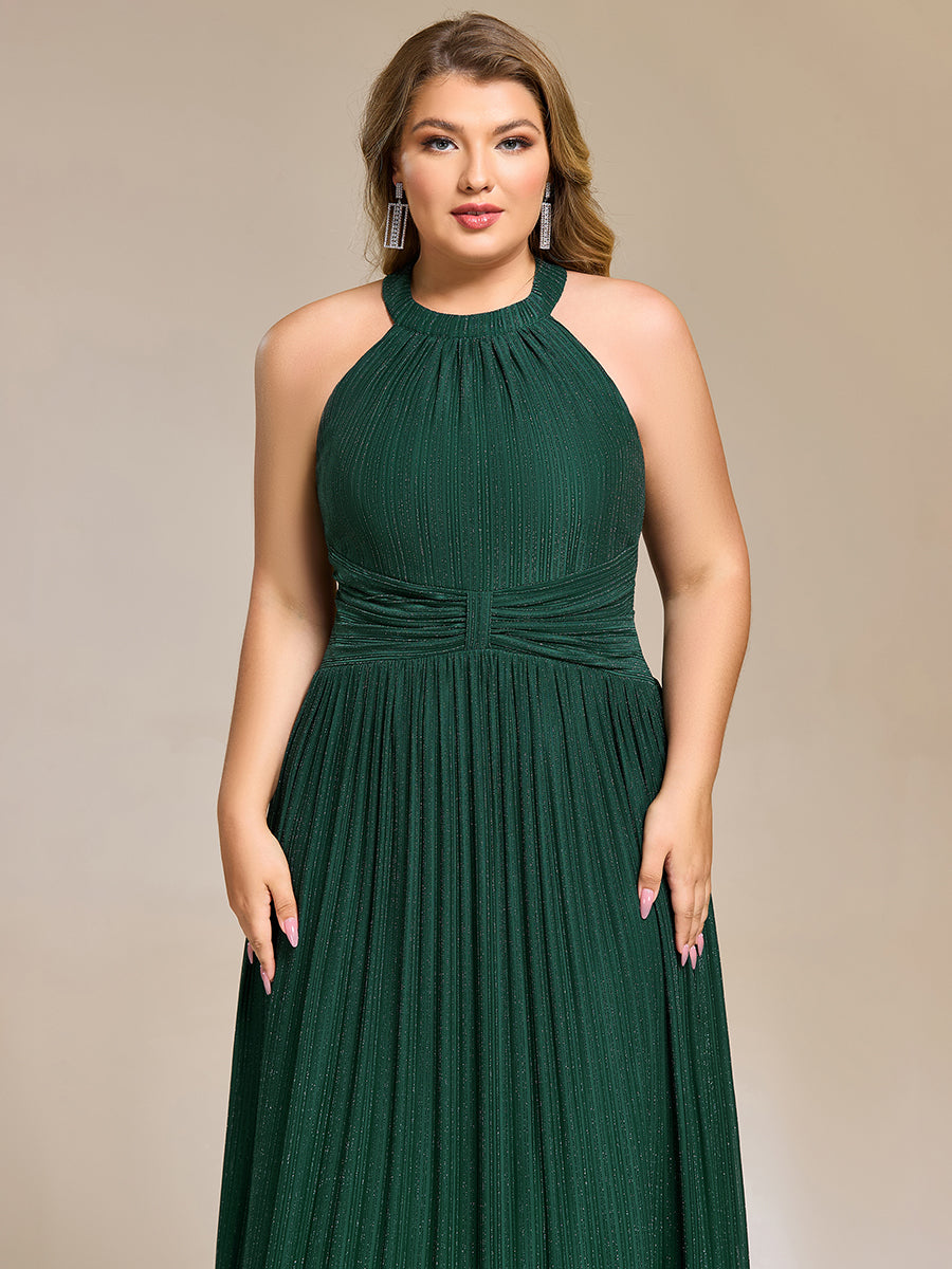 Plus Size Glittery Halter Neck Pleated Formal Evening Dress #color_Dark Green