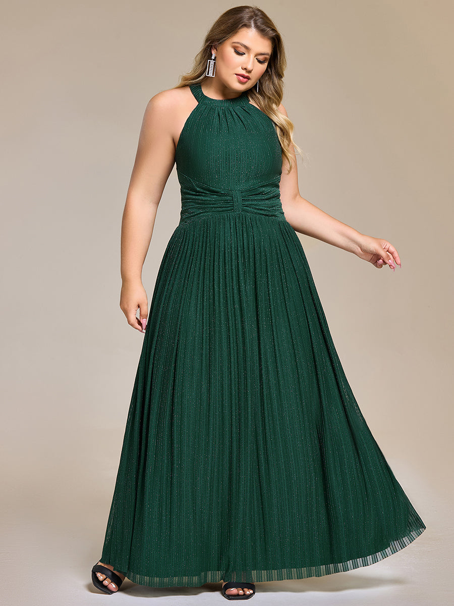 Plus Size Glittery Halter Neck Pleated Formal Evening Dress #color_Dark Green