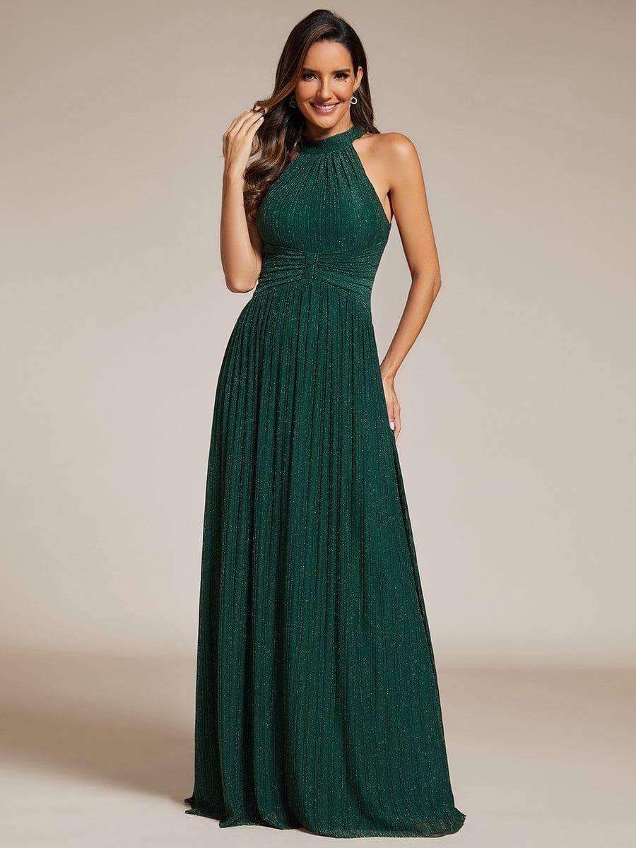 Halter Neck Pleated Glittery Formal Evening Dress with Empire Waist #color_Dark Green