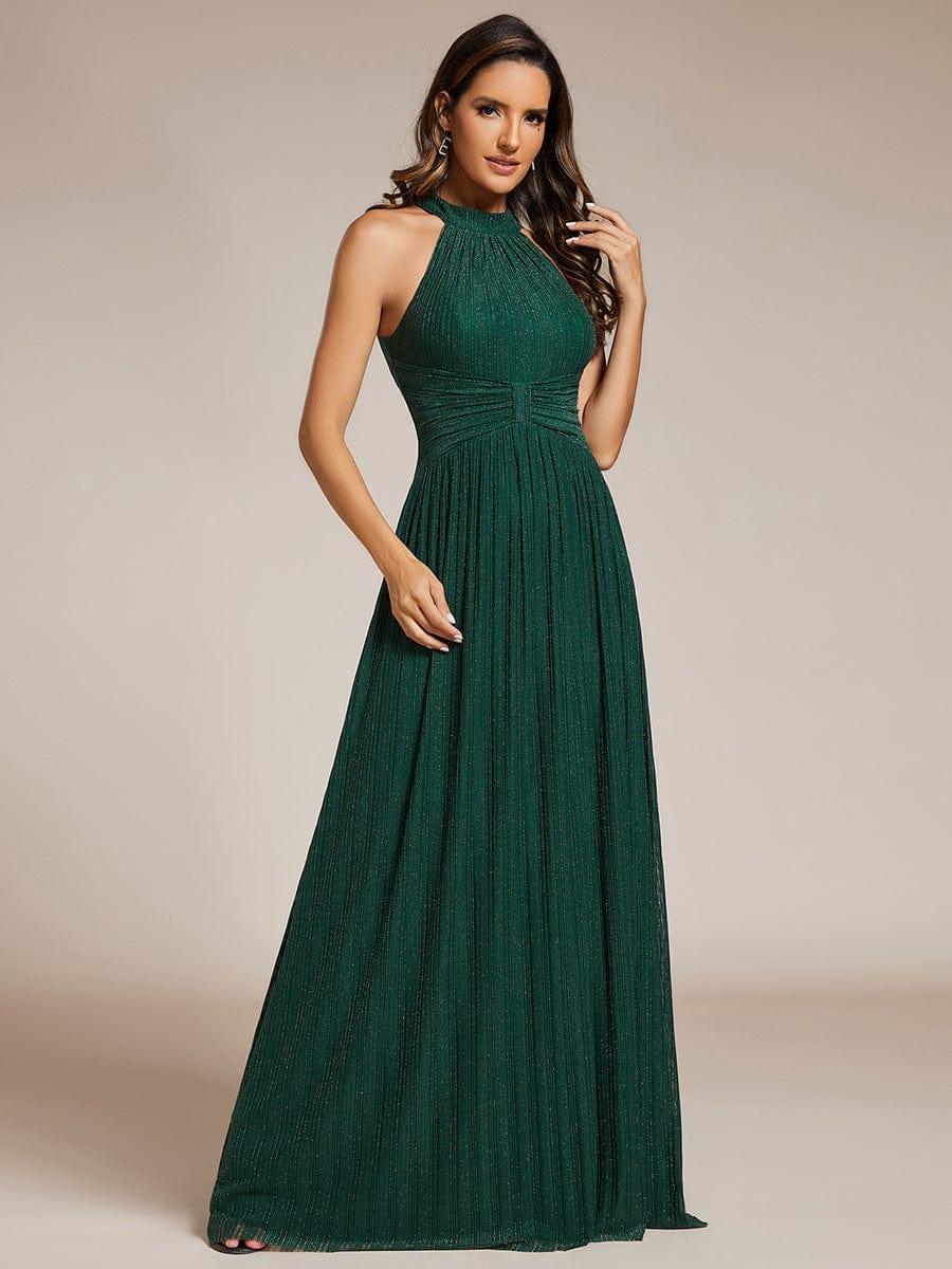 Halter Neck Pleated Glittery Formal Evening Dress with Empire Waist #color_Dark Green