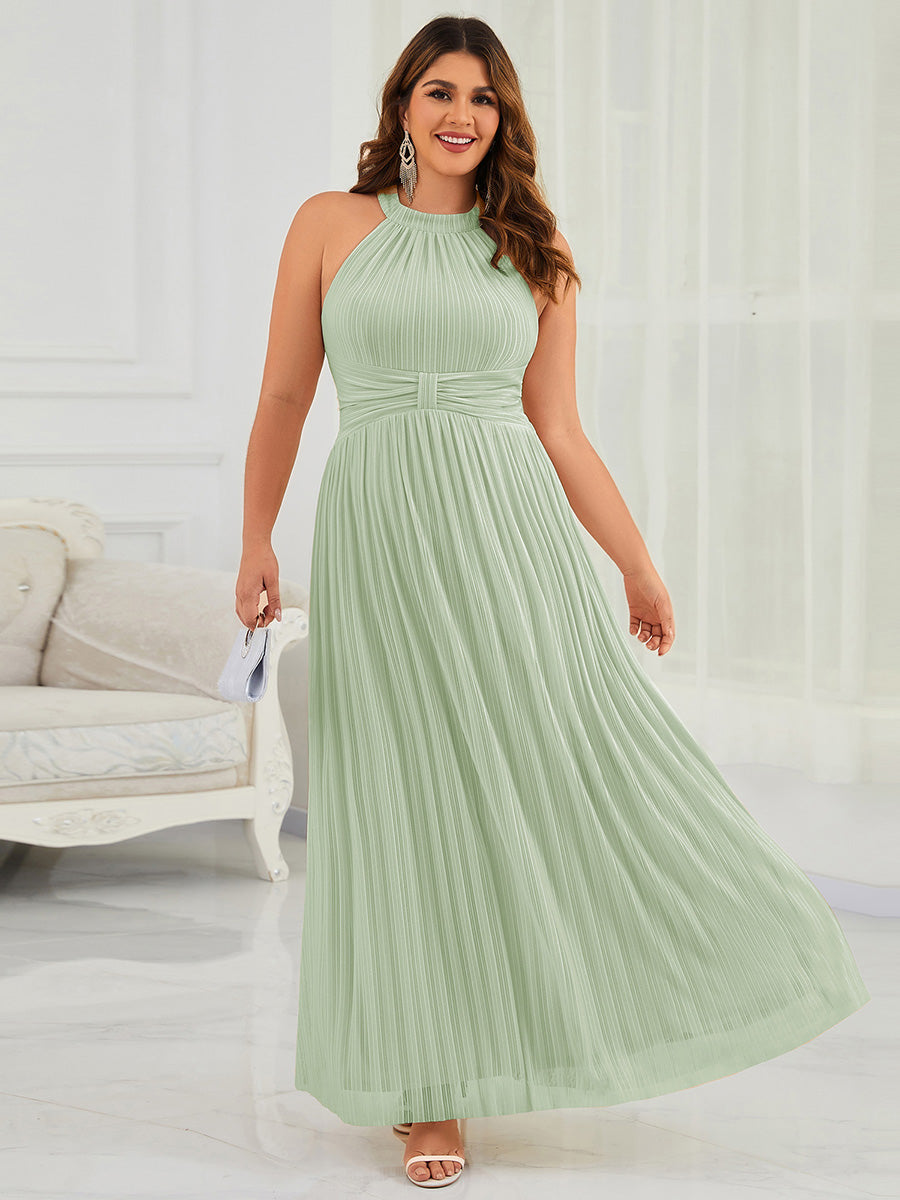 Plus Size Glittery Halter Neck Pleated Formal Evening Dress #color_Mint Green