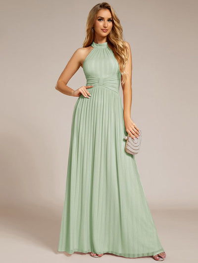 Halter Neck Pleated Glittery Formal Evening Dress with Empire Waist #color_Mint Green