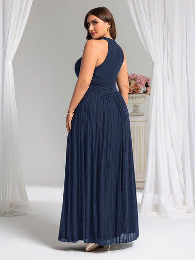 Plus Size Glittery Halter Neck Pleated Formal Evening Dress #color_Navy Blue