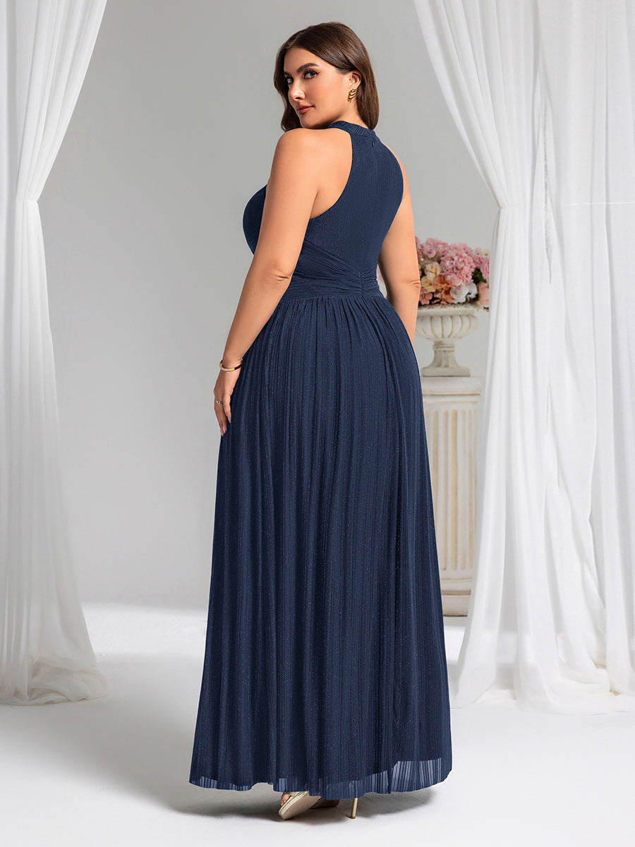 Plus Size Glittery Halter Neck Pleated Formal Evening Dress #color_Navy Blue