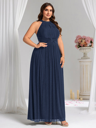 Plus Size Glittery Halter Neck Pleated Formal Evening Dress #color_Navy Blue