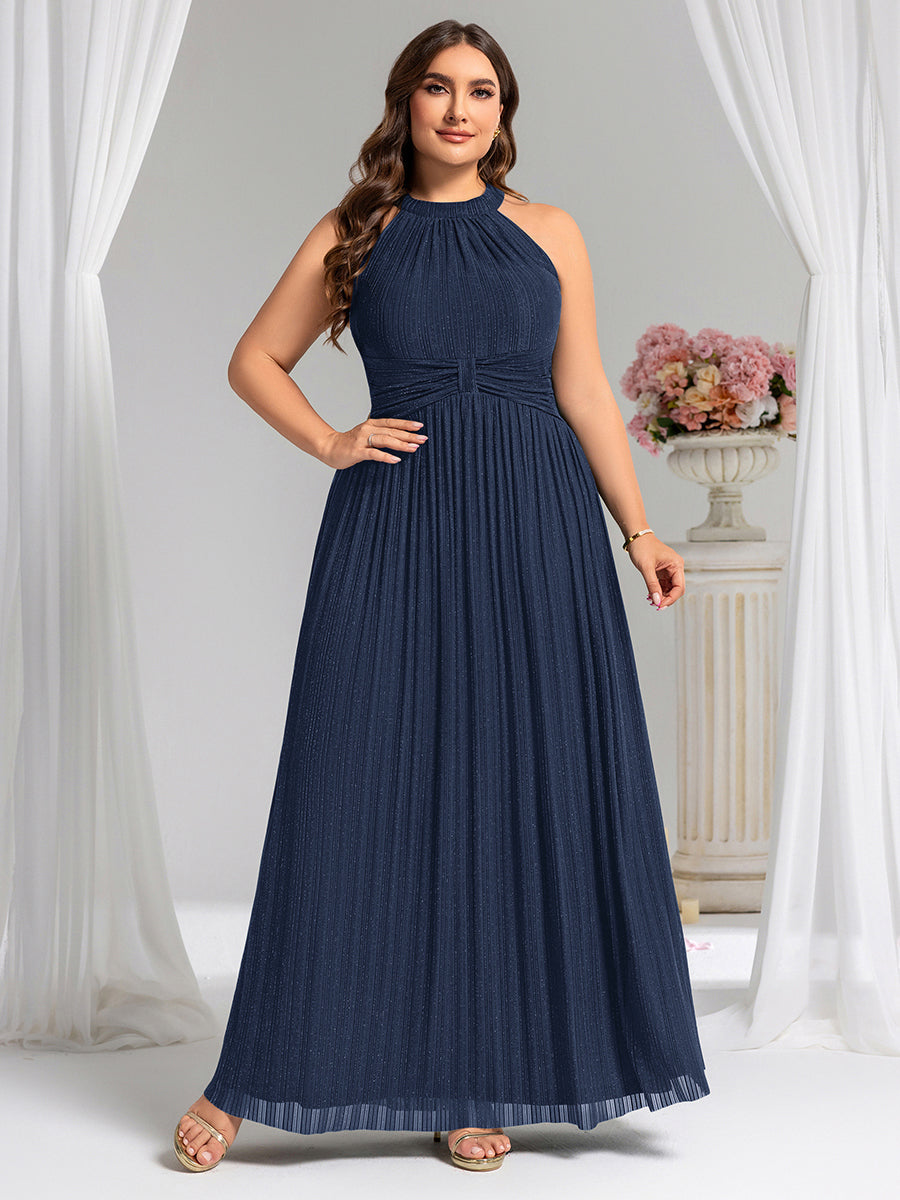 Plus Size Glittery Halter Neck Pleated Formal Evening Dress #color_Navy Blue