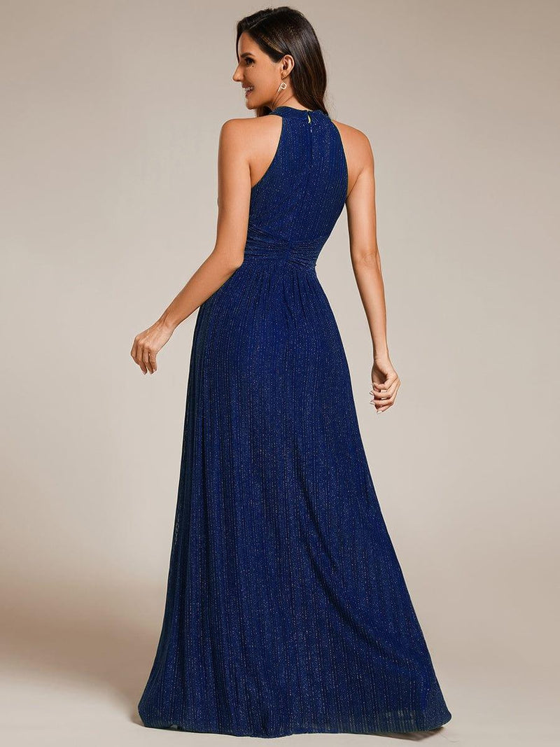 Glittery Empire Waist Halter Neck Formal Evening Dress with Pleated