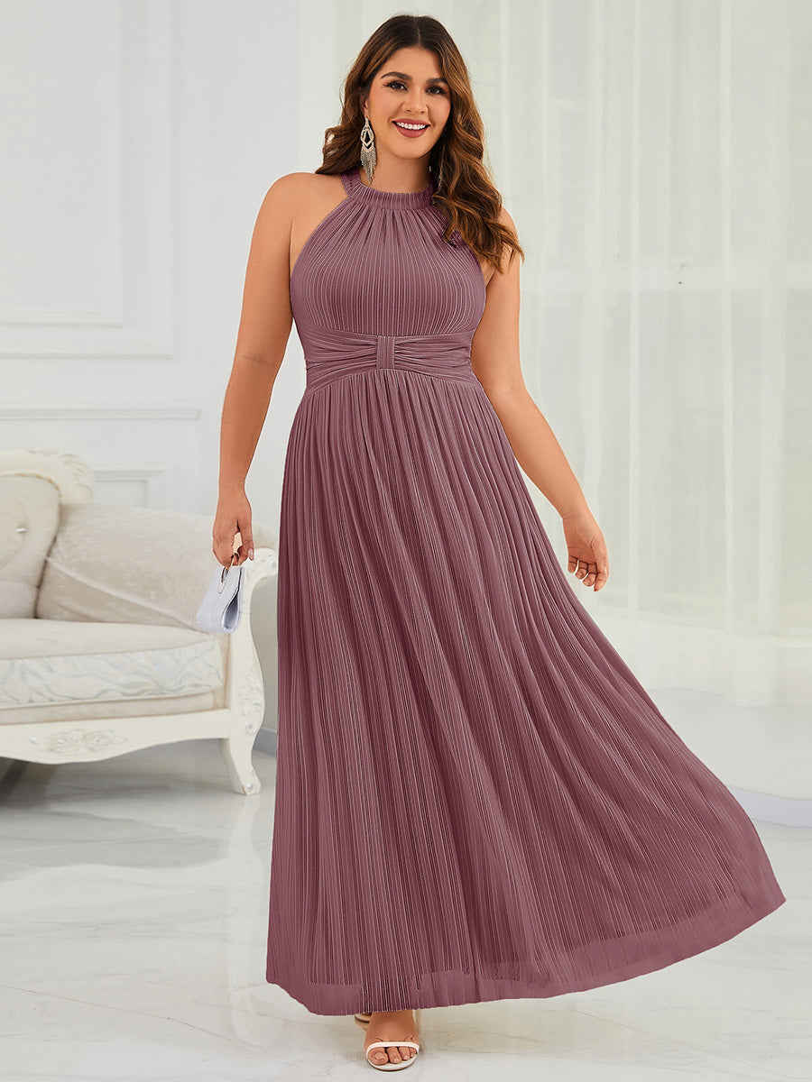 Plus Size Glittery Halter Neck Pleated Formal Evening Dress #color_Purple Orchid
