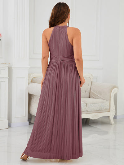 Plus Size Glittery Halter Neck Pleated Formal Evening Dress #color_Purple Orchid
