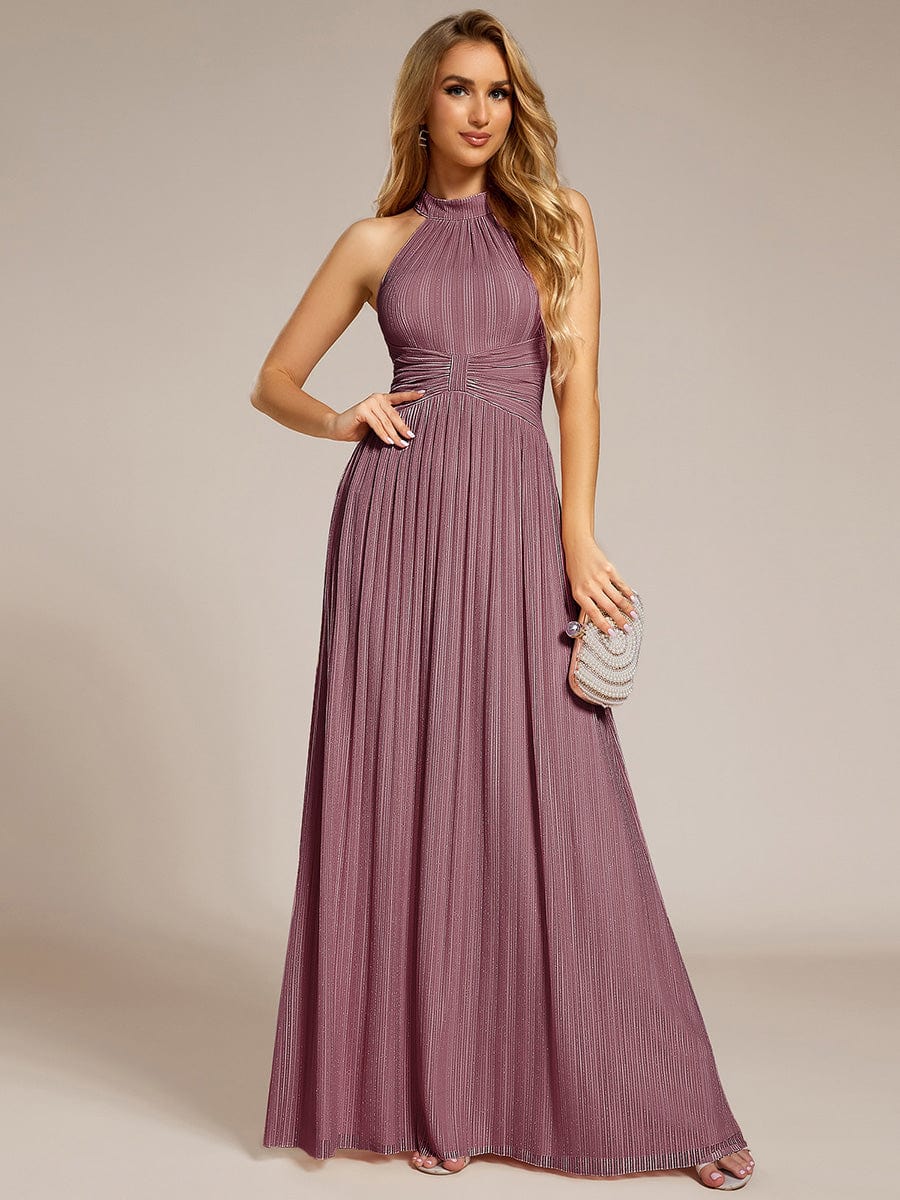 Halter Neck Pleated Glittery Formal Evening Dress with Empire Waist #color_Purple Orchid