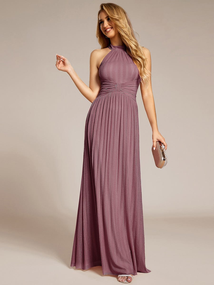 Halter Neck Pleated Glittery Formal Evening Dress with Empire Waist #color_Purple Orchid
