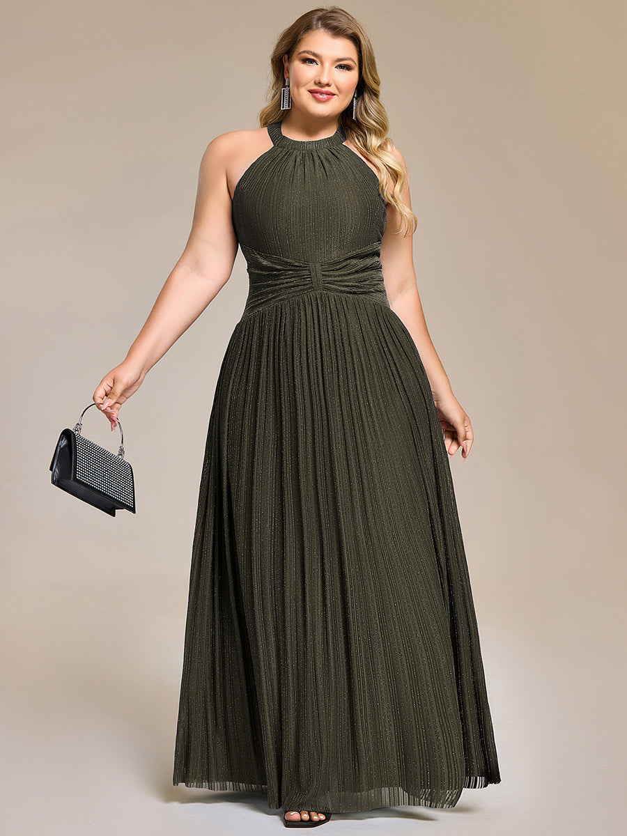 Plus Size Glittery Halter Neck Pleated Formal Evening Dress #color_Olive Green