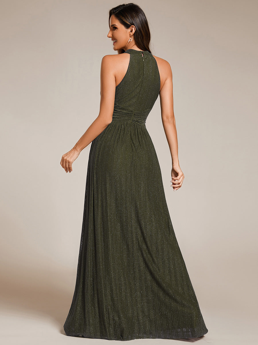 Halter Neck Pleated Glittery Formal Evening Dress with Empire Waist #color_Olive Green
