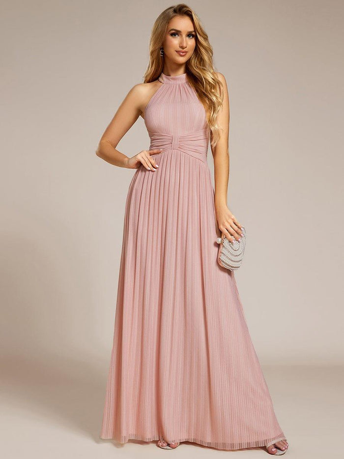 Glittery Empire Waist Halter Neck Formal Evening Dress with Pleated