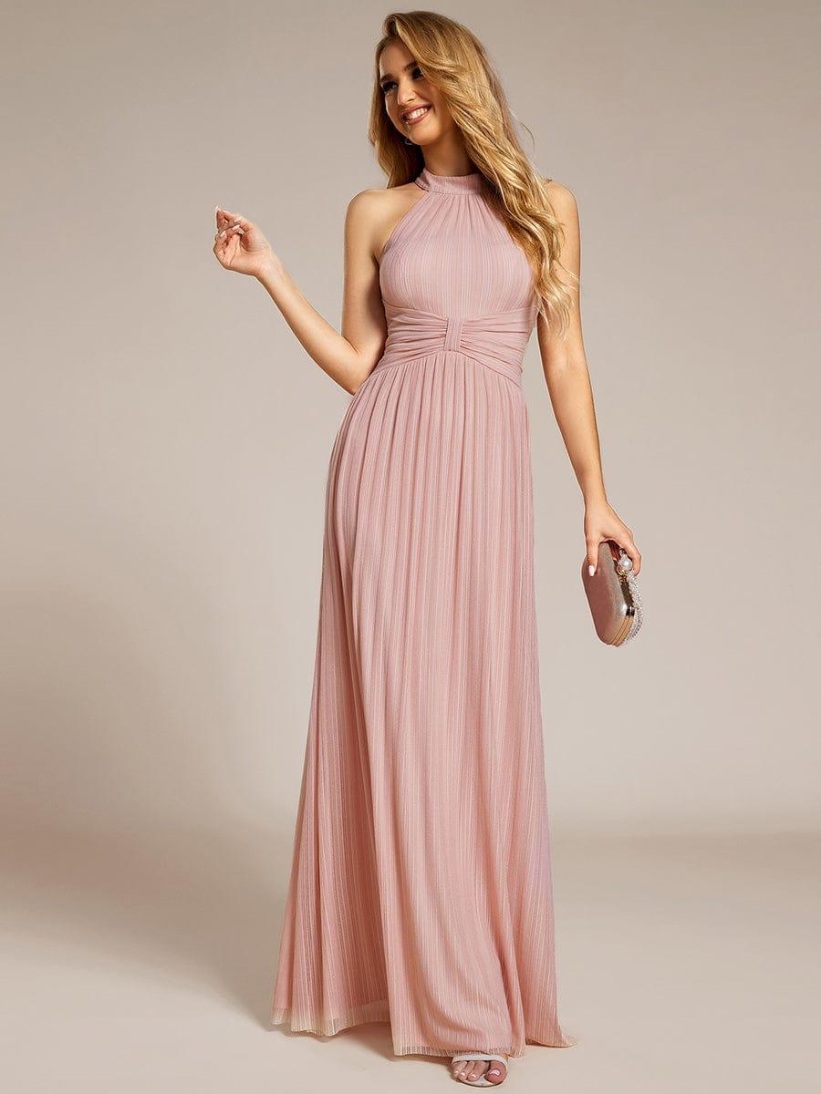 Halter Neck Pleated Glittery Formal Evening Dress with Empire Waist #color_Pink