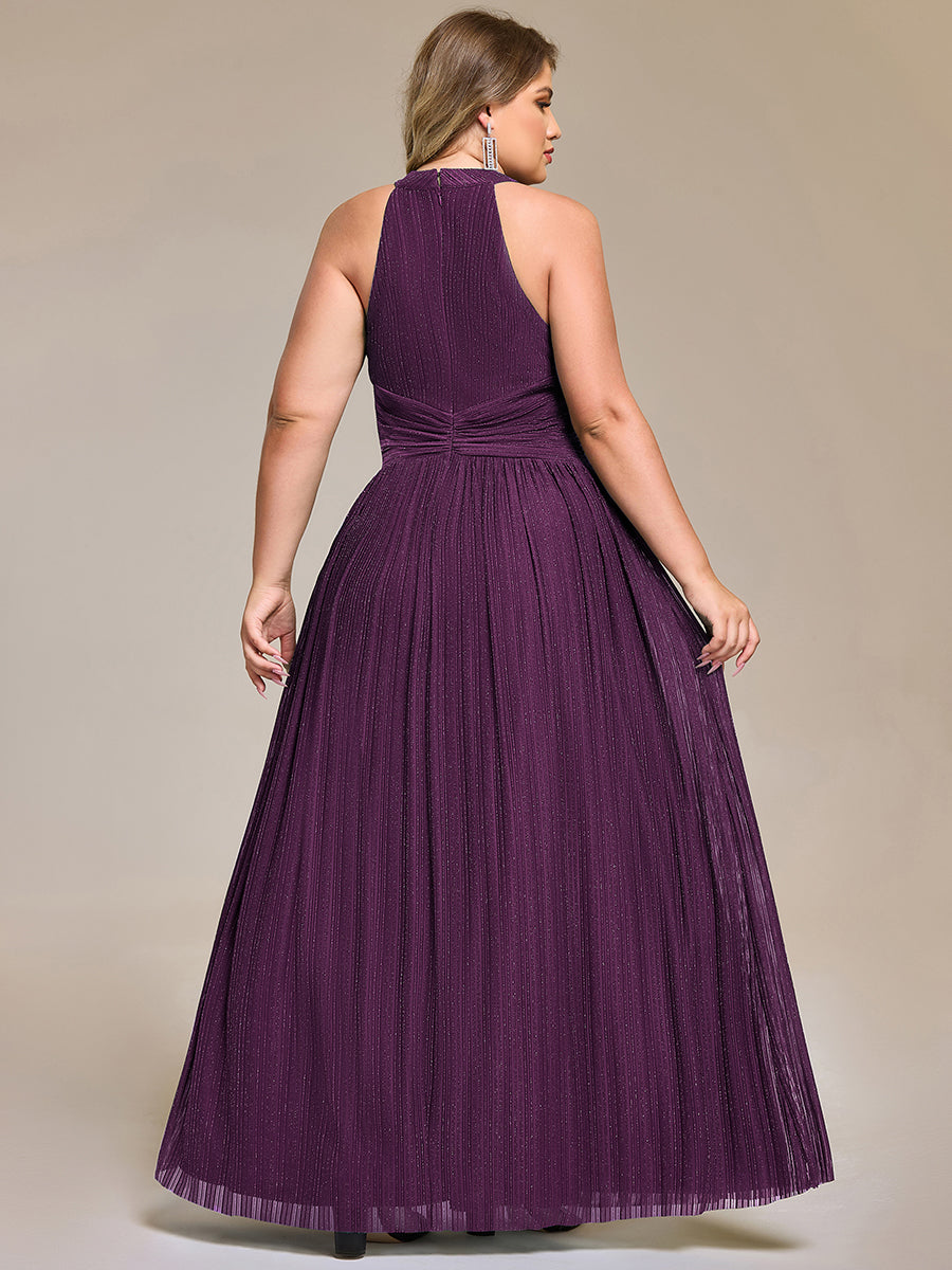 Plus Size Glittery Halter Neck Pleated Formal Evening Dress #color_Purple Wisteria