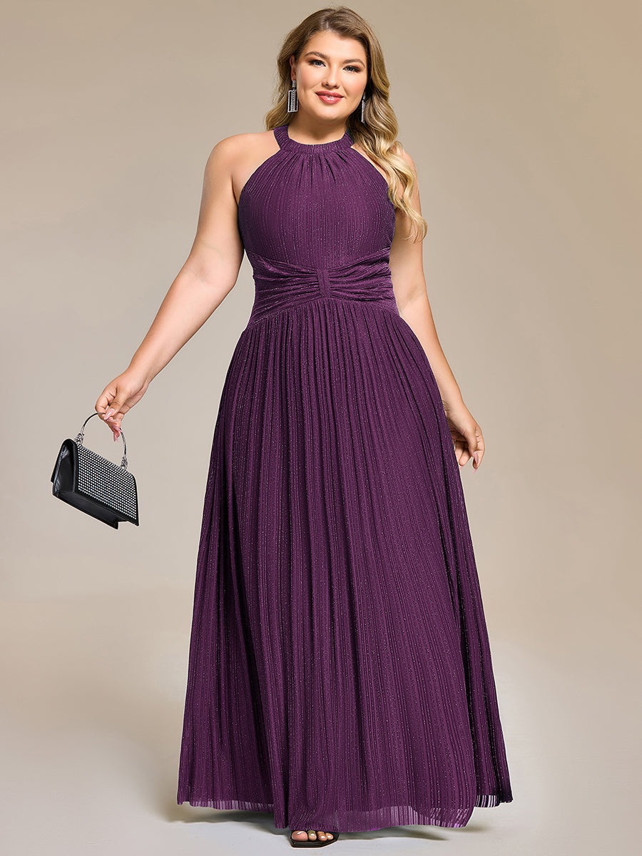 Plus Size Glittery Halter Neck Pleated Formal Evening Dress #color_Purple Wisteria