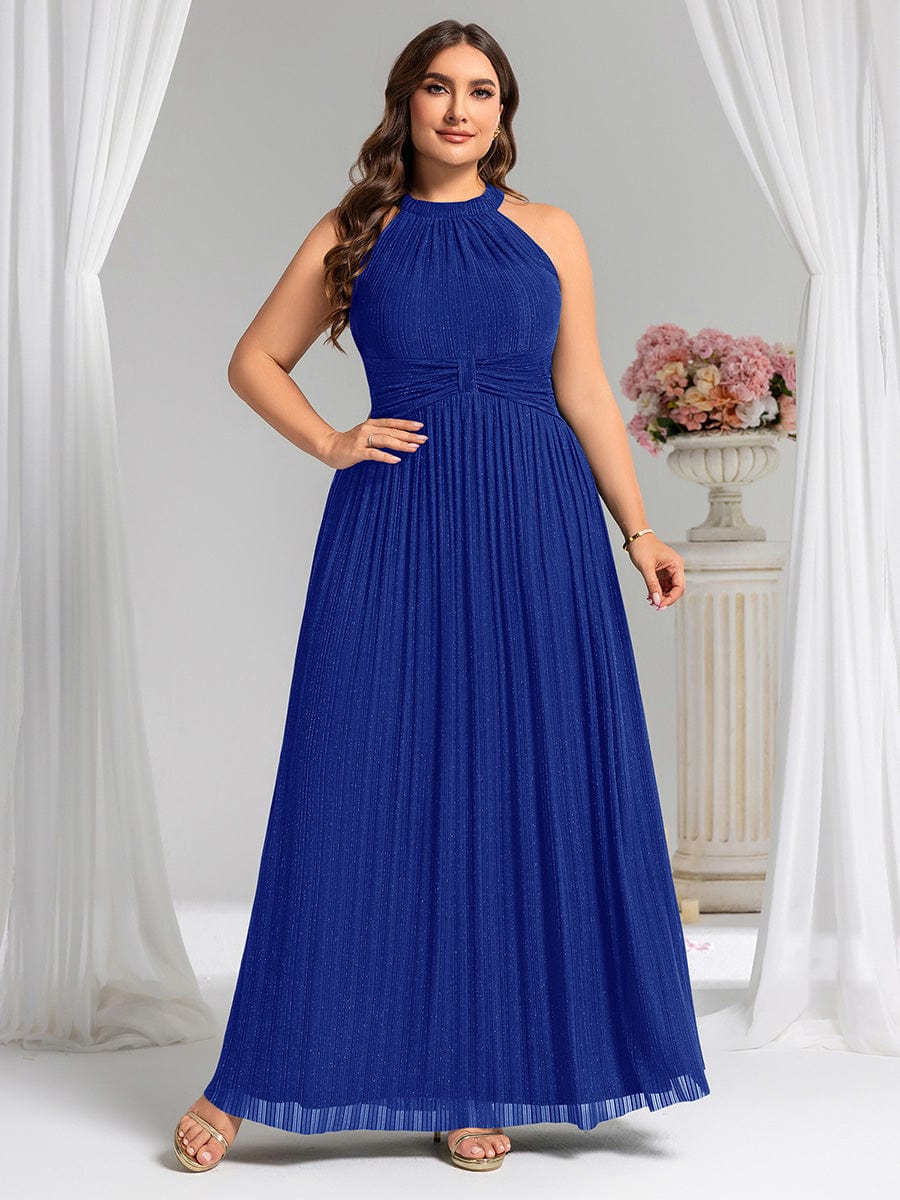 Halter Neck Pleated Glittery Formal Evening Dress with Empire Waist #color_Sapphire Blue