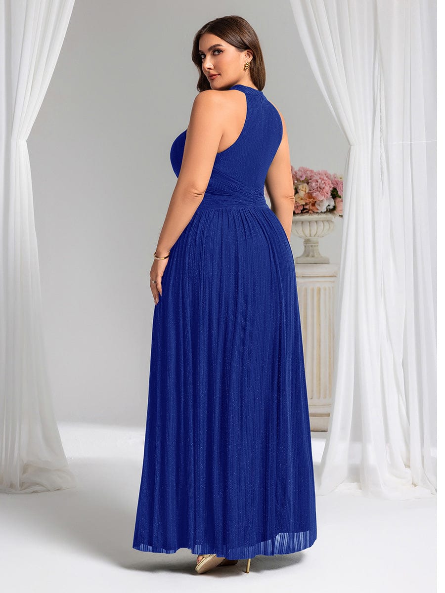Halter Neck Pleated Glittery Formal Evening Dress with Empire Waist #color_Sapphire Blue