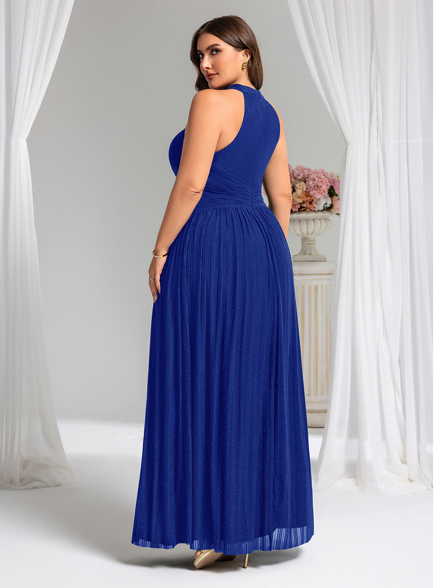 Plus Size Glittery Halter Neck Pleated Formal Evening Dress #color_Sapphire Blue