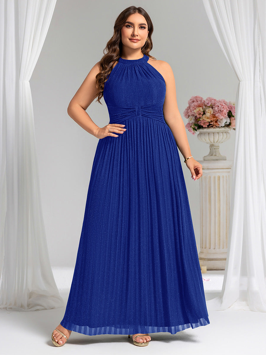 Plus Size Glittery Halter Neck Pleated Formal Evening Dress #color_Sapphire Blue