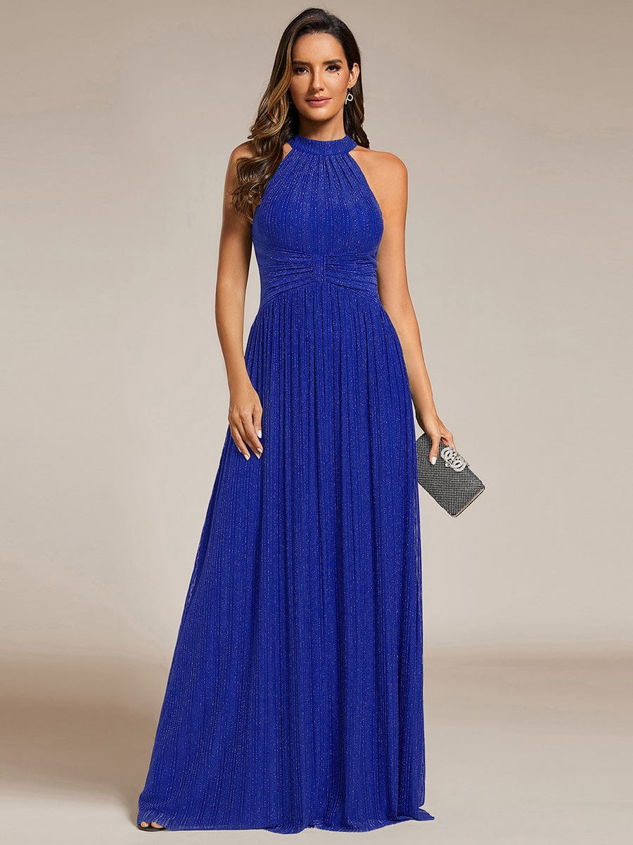 Halter Neck Pleated Glittery Formal Evening Dress with Empire Waist #color_Sapphire Blue