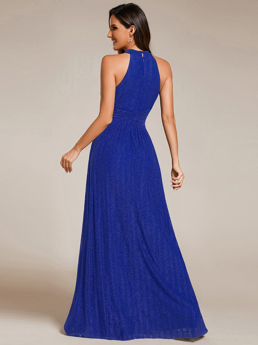 Halter Neck Pleated Glittery Formal Evening Dress with Empire Waist #color_Sapphire Blue