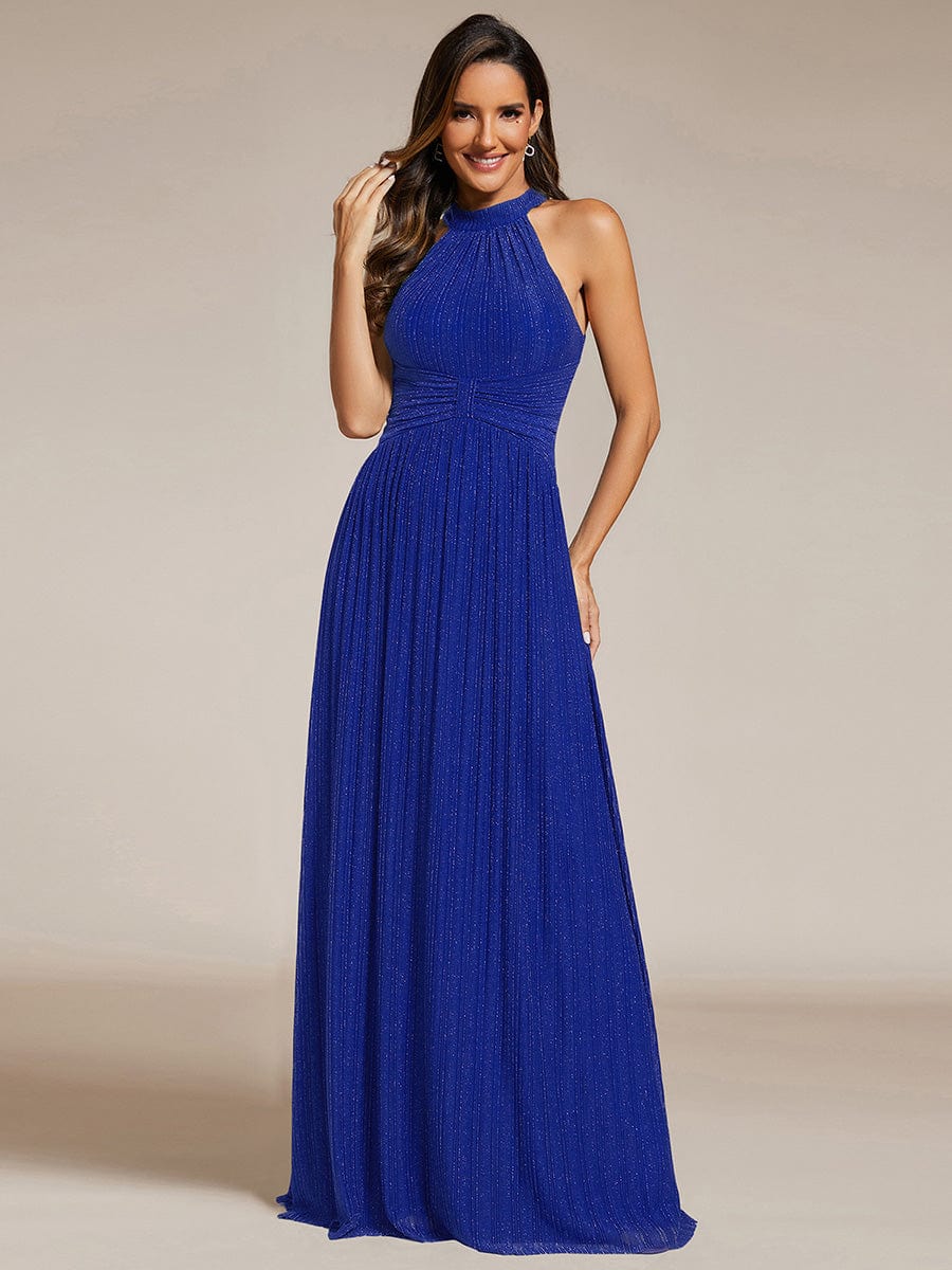 Halter Neck Pleated Glittery Formal Evening Dress with Empire Waist #color_Sapphire Blue