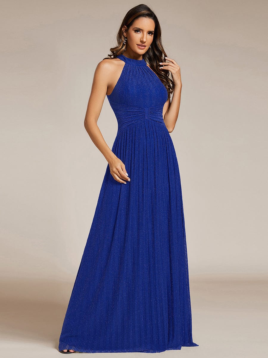 Halter Neck Pleated Glittery Formal Evening Dress with Empire Waist #color_Sapphire Blue