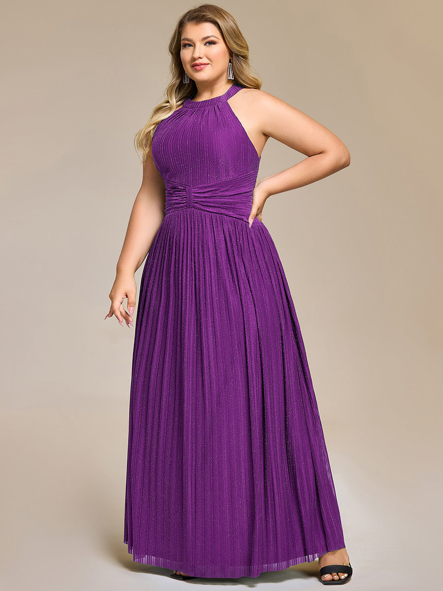 Plus Size Glittery Halter Neck Pleated Formal Evening Dress #color_Sparkling Grape