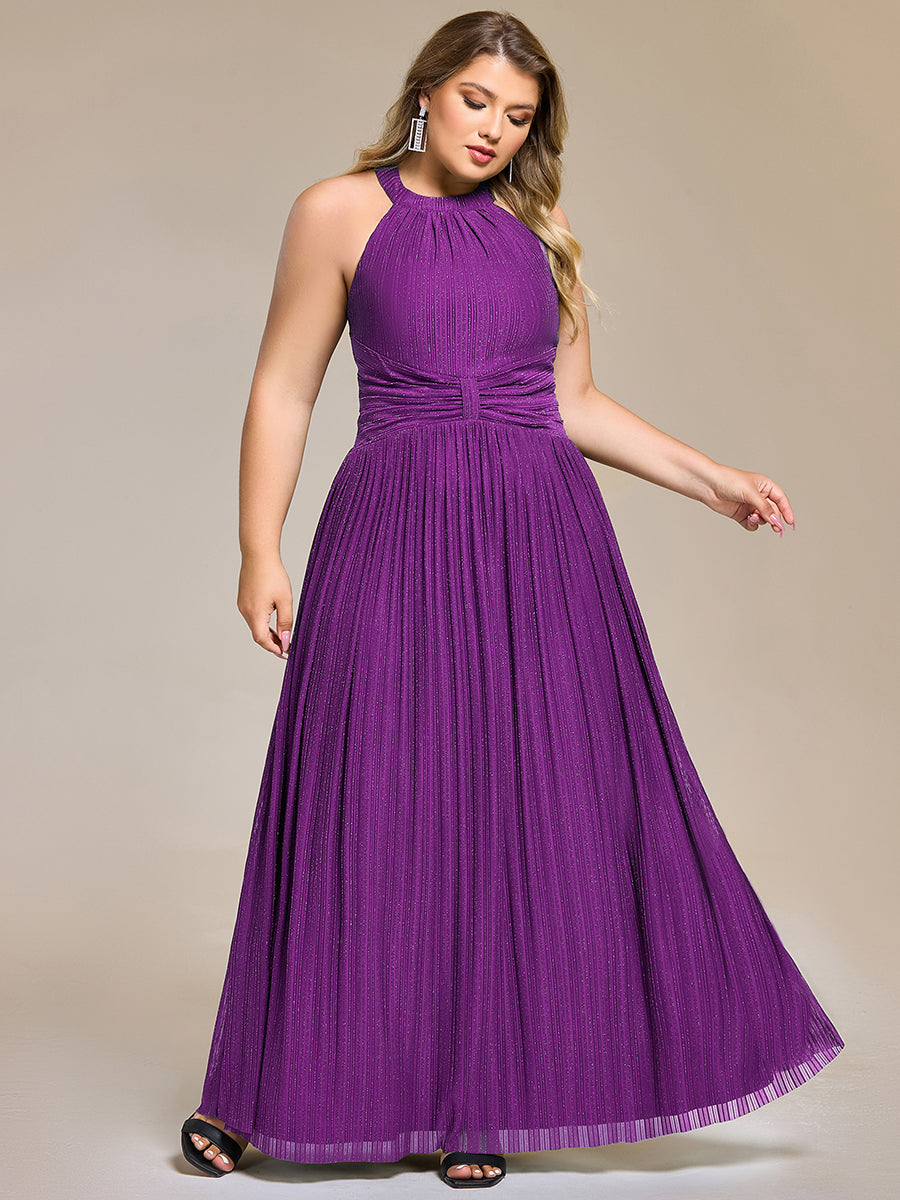 Plus Size Glittery Halter Neck Pleated Formal Evening Dress #color_Sparkling Grape