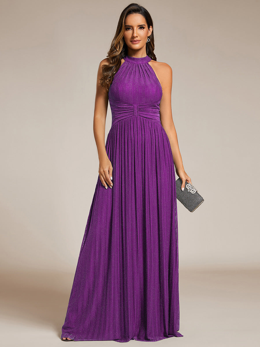 Halter Neck Pleated Glittery Formal Evening Dress with Empire Waist #color_Sparkling Grape