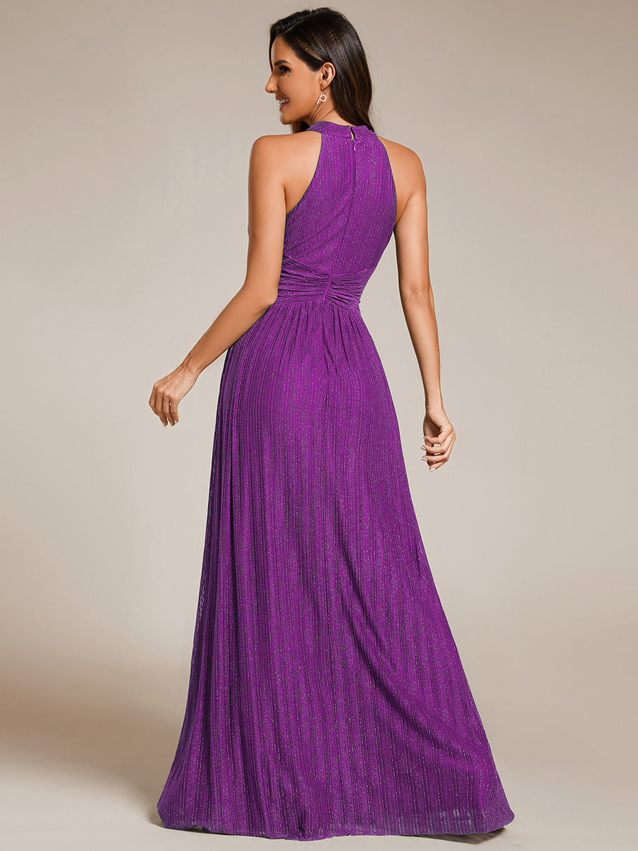 Halter Neck Pleated Glittery Formal Evening Dress with Empire Waist #color_Sparkling Grape