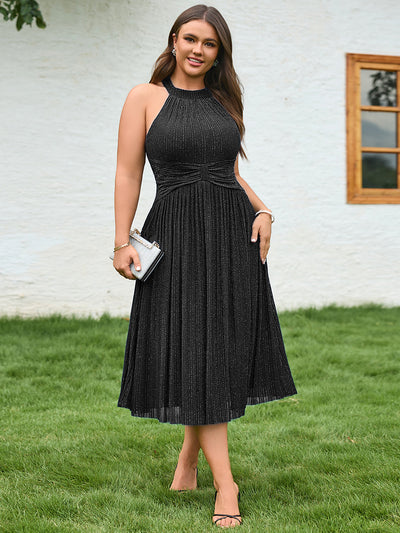Plus-Size Glittery Halter Neck Dress #color_Black