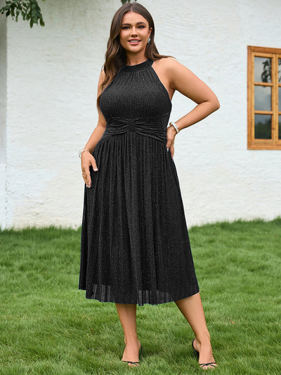 Plus-Size Glittery Halter Neck Dress #color_Black