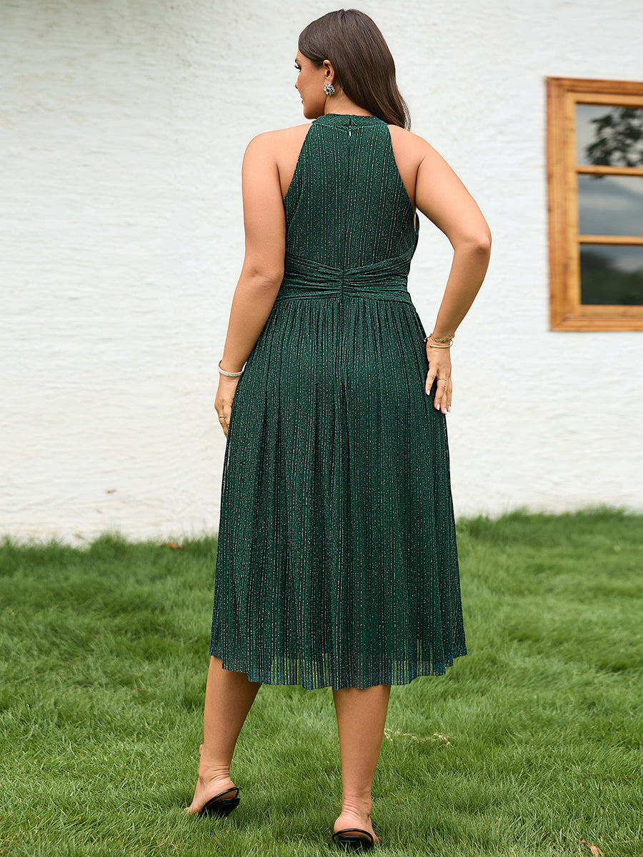 Plus-Size Glittery Halter Neck Dress #color_Dark Green