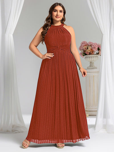 Plus Size Glittery Halter Neck Pleated Formal Evening Dress