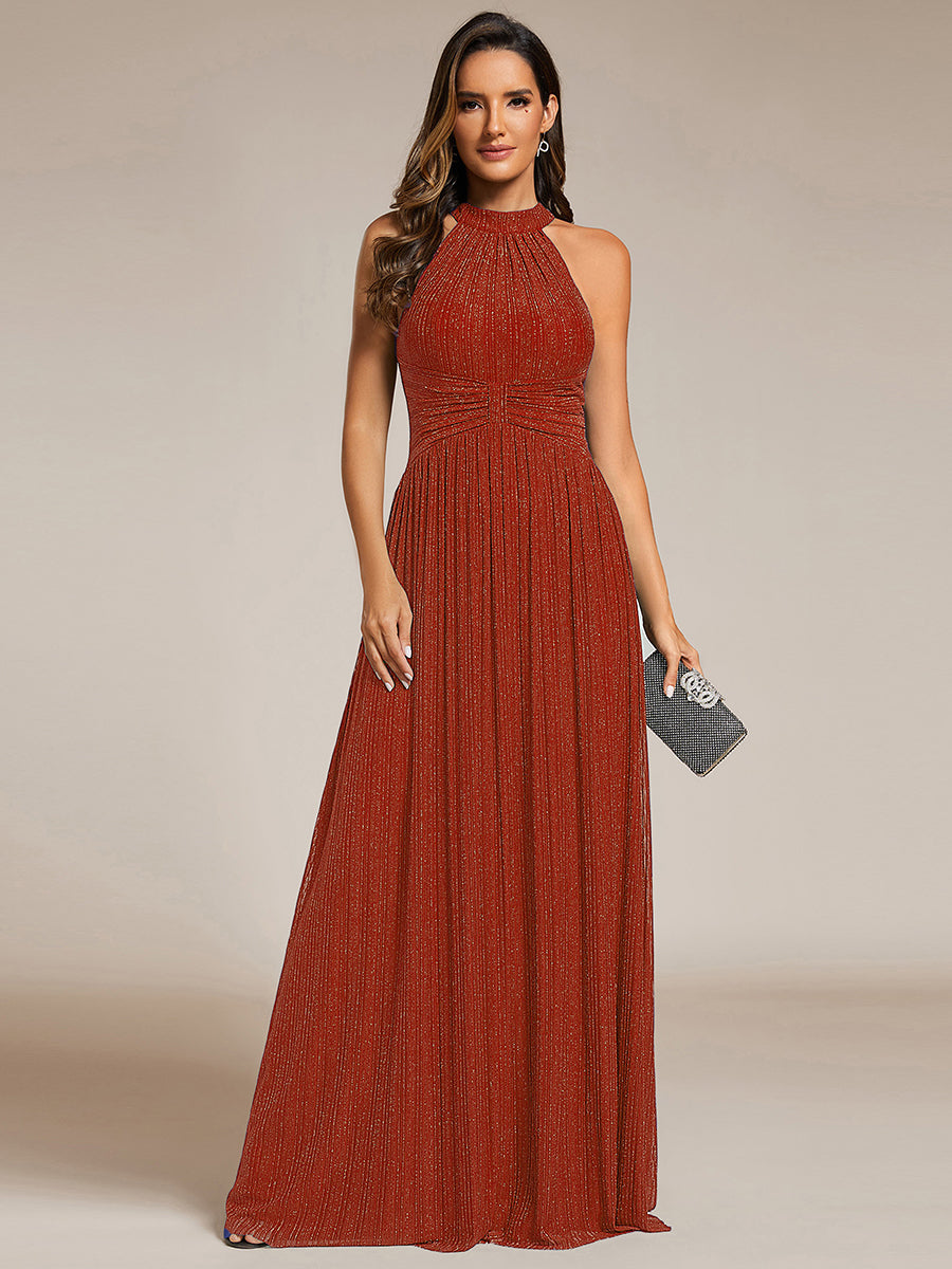 Halter Neck Pleated Glittery Formal Evening Dress with Empire Waist #color_Burnt Orange