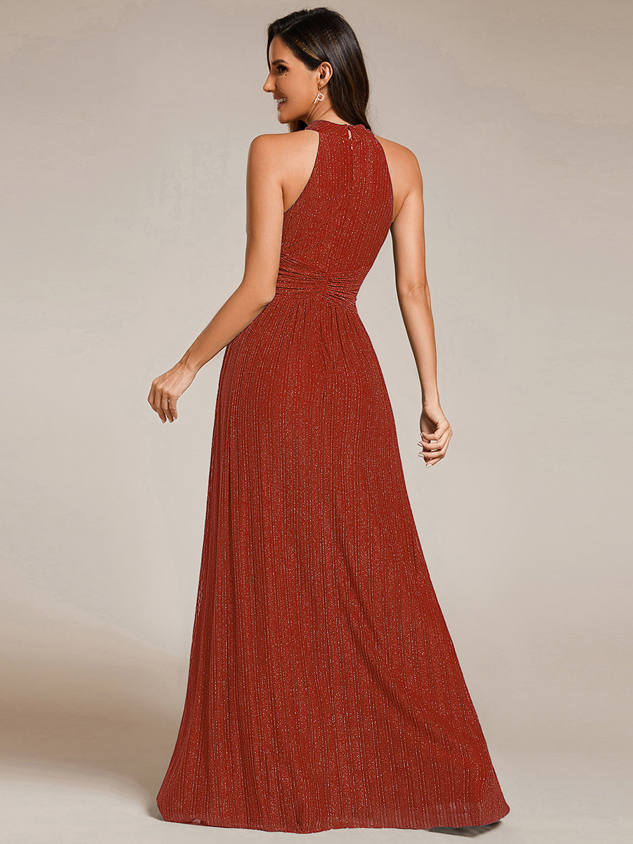 Halter Neck Pleated Glittery Formal Evening Dress with Empire Waist #color_Burnt Orange