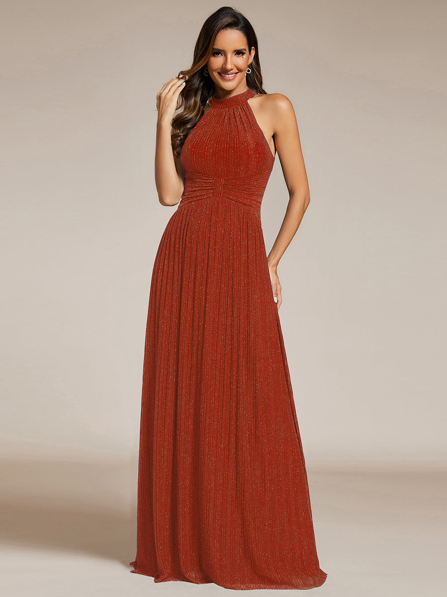 Halter Neck Pleated Glittery Formal Evening Dress with Empire Waist #color_Burnt Orange