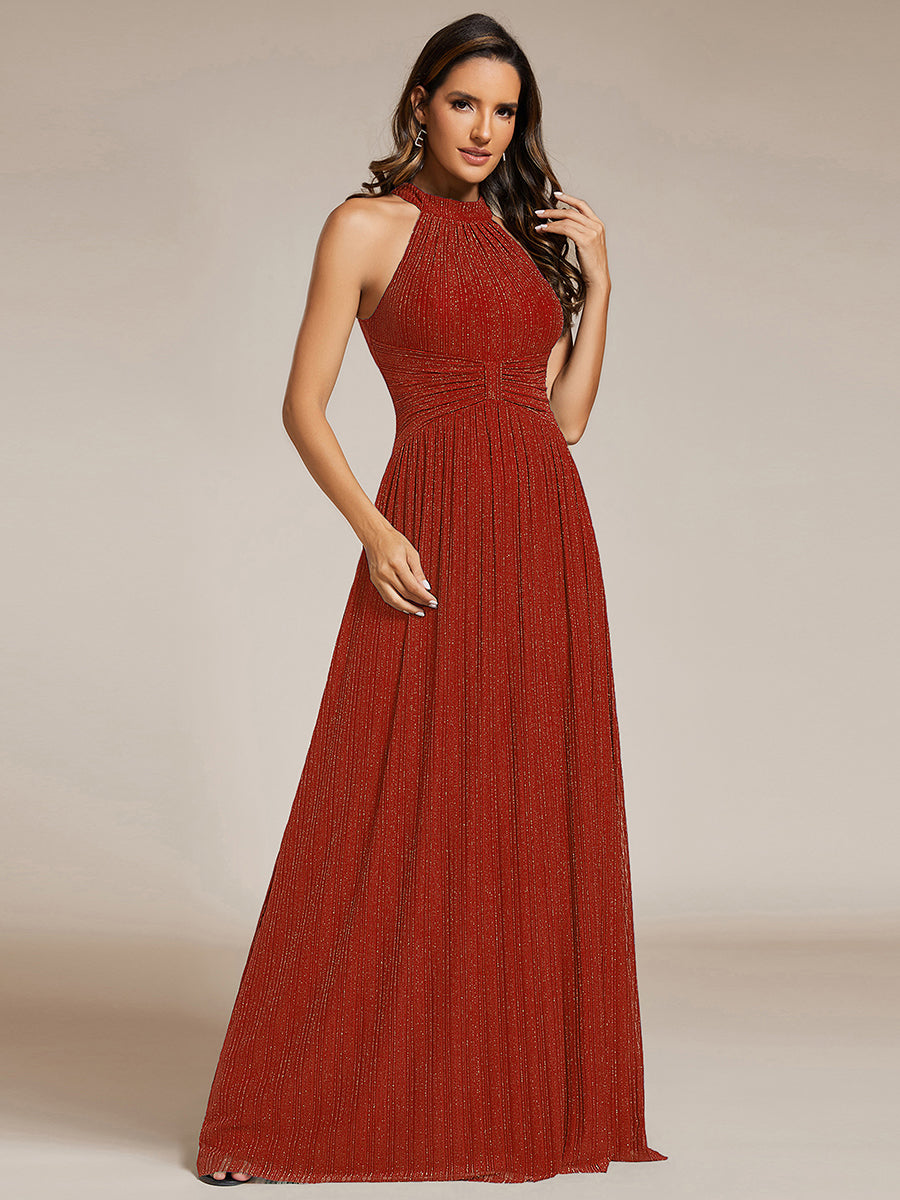 Halter Neck Pleated Glittery Formal Evening Dress with Empire Waist #color_Burnt Orange