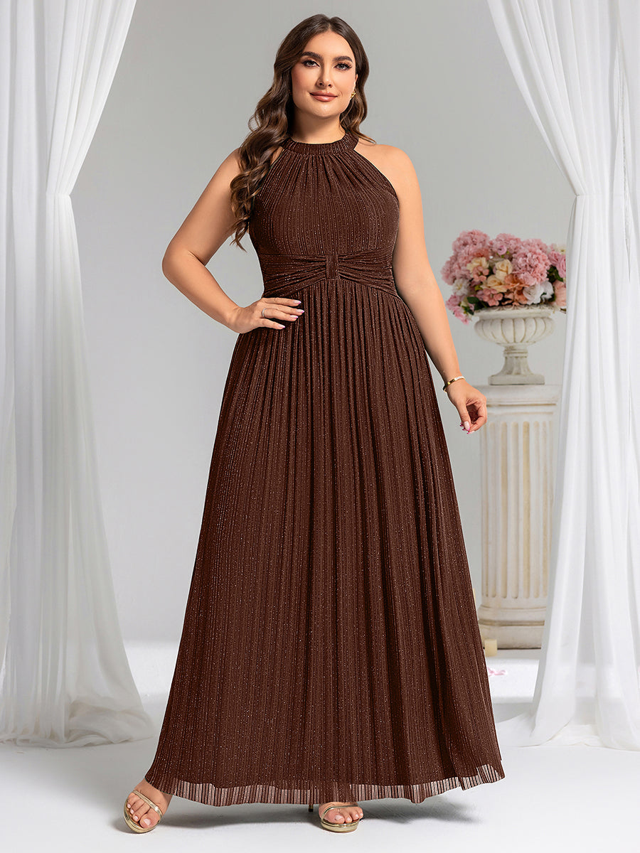 Halter Neck Pleated Glittery Formal Evening Dress with Empire Waist #color_Chocolate Brown