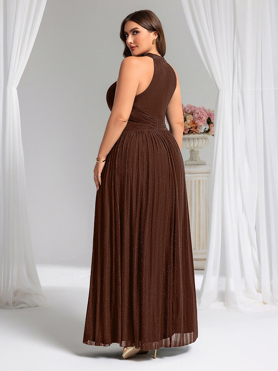 Halter Neck Pleated Glittery Formal Evening Dress with Empire Waist #color_Chocolate Brown